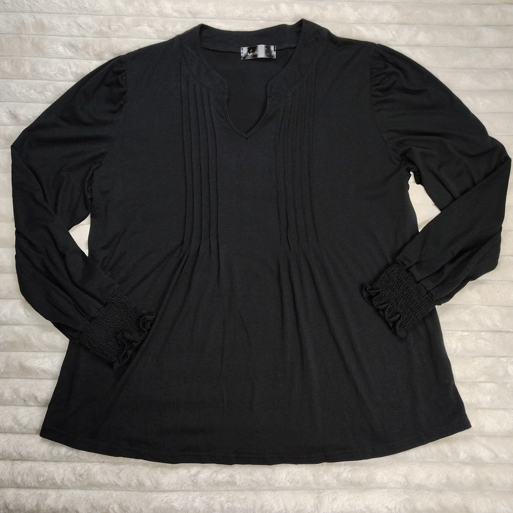 Seta T Black Smocked Cuff Long Sleeve Pleated Tunic Blouse Women's Size XL